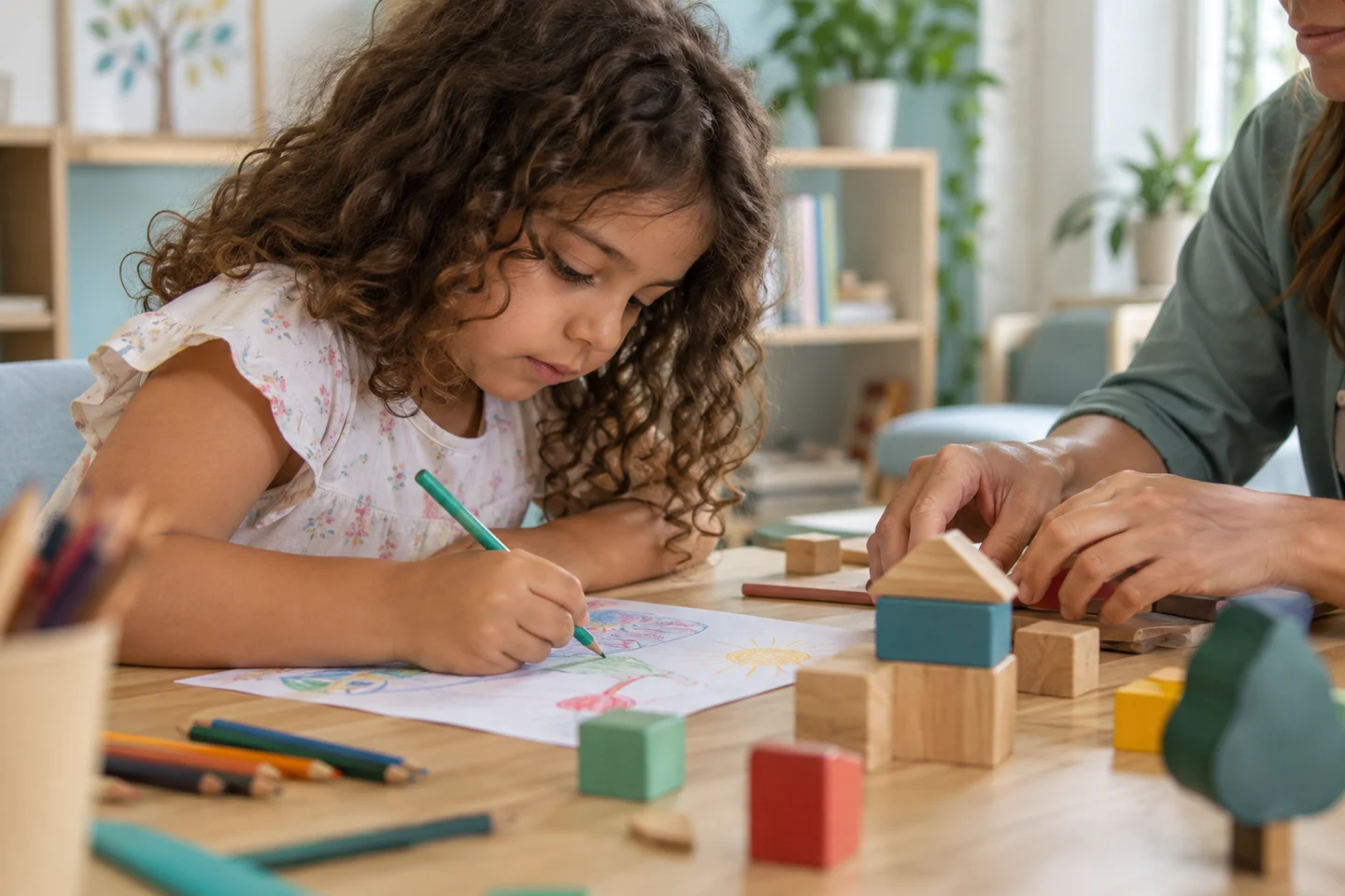 Criança desenha à mesa enquanto uma adulta participa da atividade com blocos de madeira